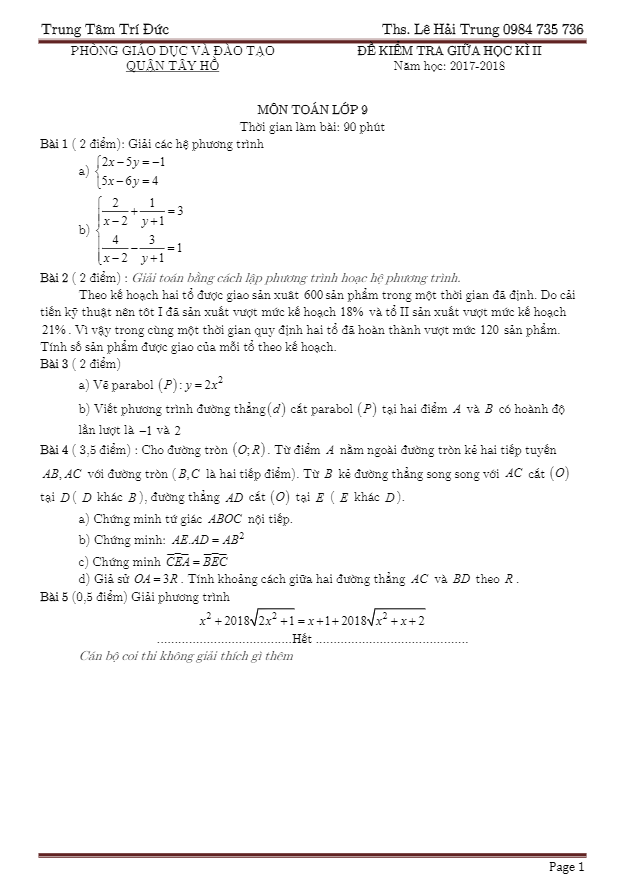 Đề kiểm tra giữa học kì 2 (HK2) lớp 9 môn Toán năm 2017 2018 phòng GD và ĐT Quận Tây Hồ Hà Nội 7 de kiem tra giua hoc ki 2 hk2 lop 9 mon toan nam 2017 2018 phong gd va dt quan tay ho ha noi d