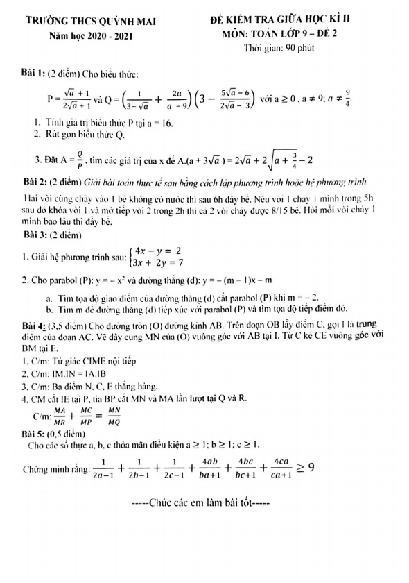 de kiem tra giua hoc ki 2 hk2 lop 9 mon toan nam 2020 2021 truong quynh mai ha noi d