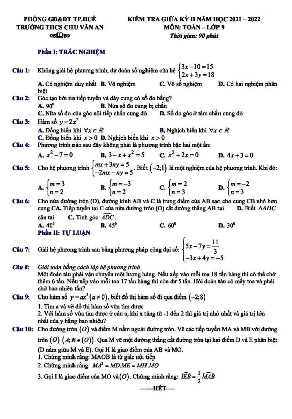 de kiem tra giua hoc ki 2 hk2 lop 9 mon toan nam 2021 2022 truong thcs chu van an tt hue d