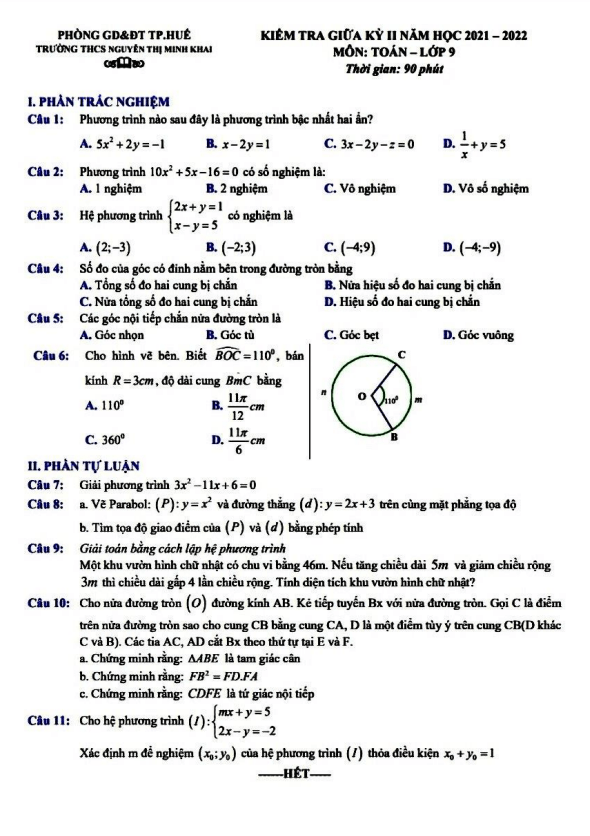 de kiem tra giua hoc ki 2 hk2 lop 9 mon toan nam 2021 2022 truong thcs nguyen thi minh khai tt hue d