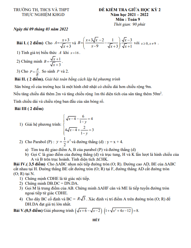de kiem tra giua hoc ki 2 hk2 lop 9 mon toan nam 2021 2022 truong thuc nghiem khgd ha noi d