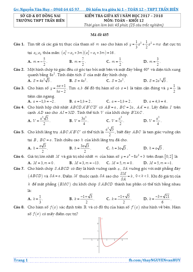 de kiem tra giua hoc ky i nam hoc 2017 2018 lop 12 mon toan truong thpt tran bien dong nai d