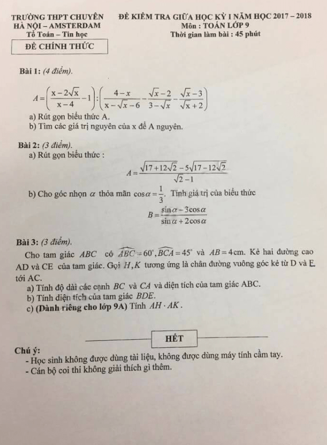 de kiem tra giua hoc ky i nam hoc 2017 2018 lop 9 mon toan truong thpt chuyen ha noi amsterdam d