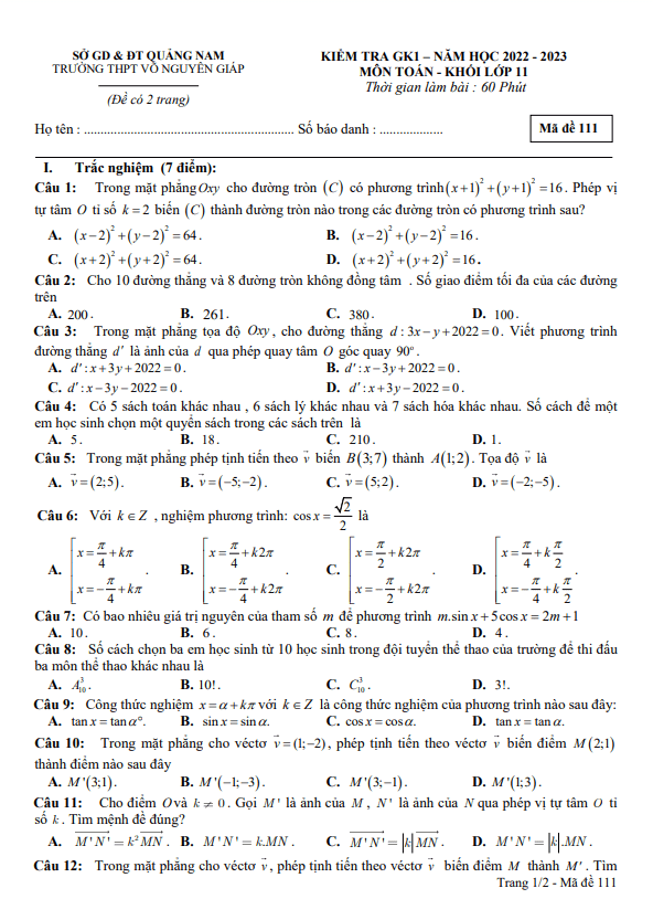 de kiem tra gk1 lop 11 mon toan nam 2022 2023 truong thpt vo nguyen giap quang nam d