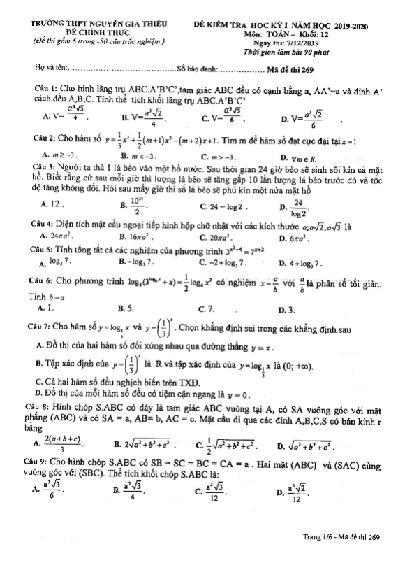 de kiem tra hki lop 12 mon toan nam 2019 2020 truong nguyen gia thieu ha noi d