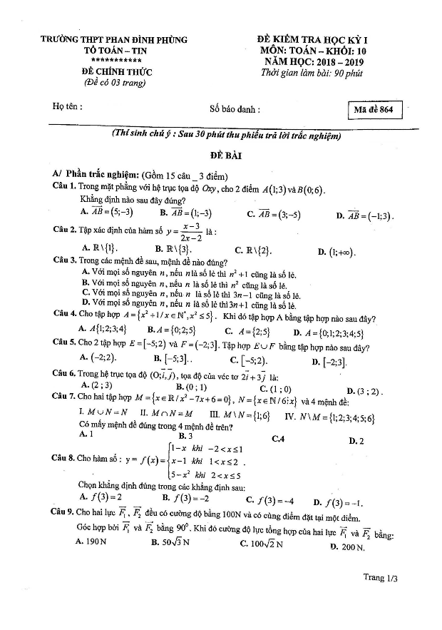 de kiem tra hoc ki 1 hk1 lop 10 mon toan nam 2018 2019 truong thpt phan dinh phung ha noi d