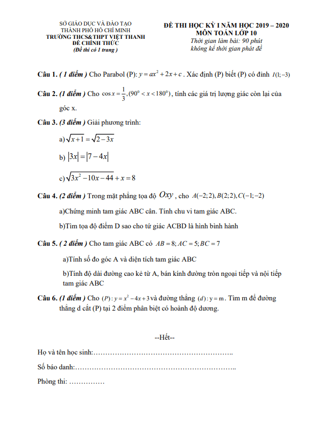 de kiem tra hoc ki 1 hk1 lop 10 mon toan nam 2019 2020 truong viet thanh tp hcm d