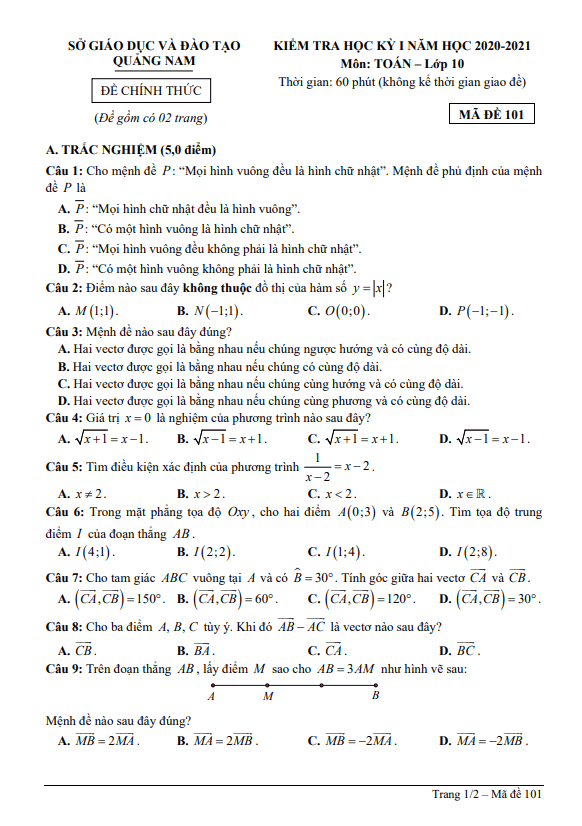 de kiem tra hoc ki 1 hk1 lop 10 mon toan nam 2020 2021 so gd dt quang nam d