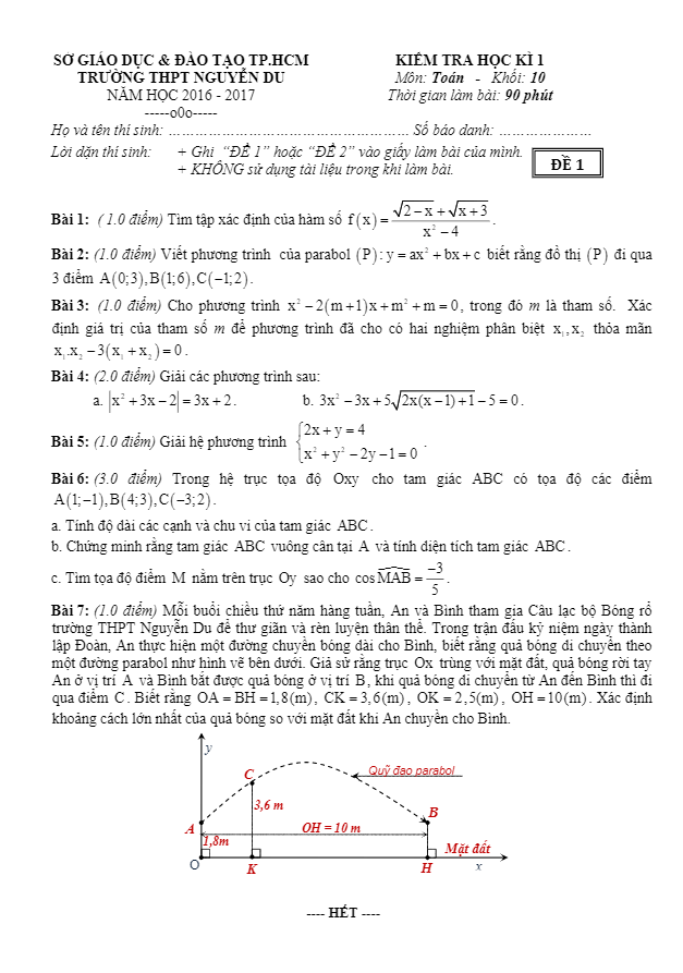 de kiem tra hoc ki 1 hk1 lop 10 mon toan nam hoc 2016 2017 truong nguyen du tp hcm d