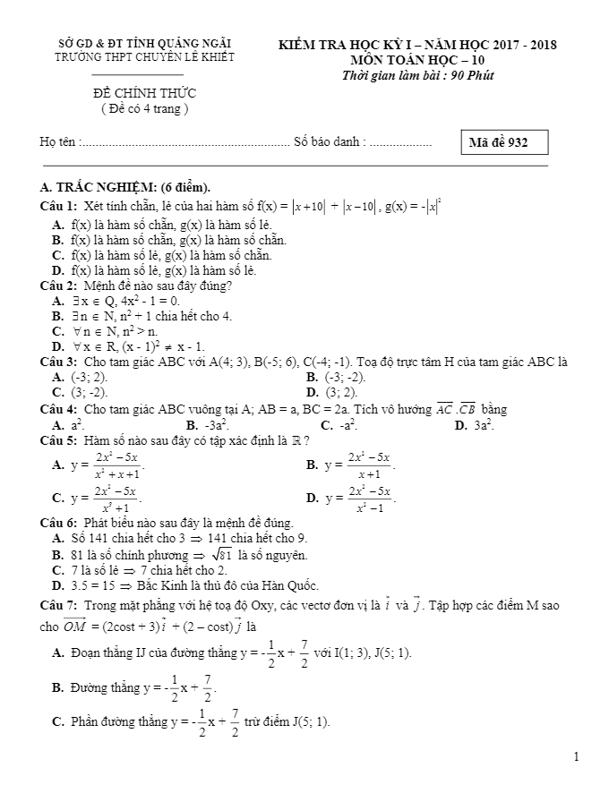 de kiem tra hoc ki 1 hk1 lop 10 mon toan nam hoc 2017 2018 truong thpt chuyen le khuyet quang ngai d