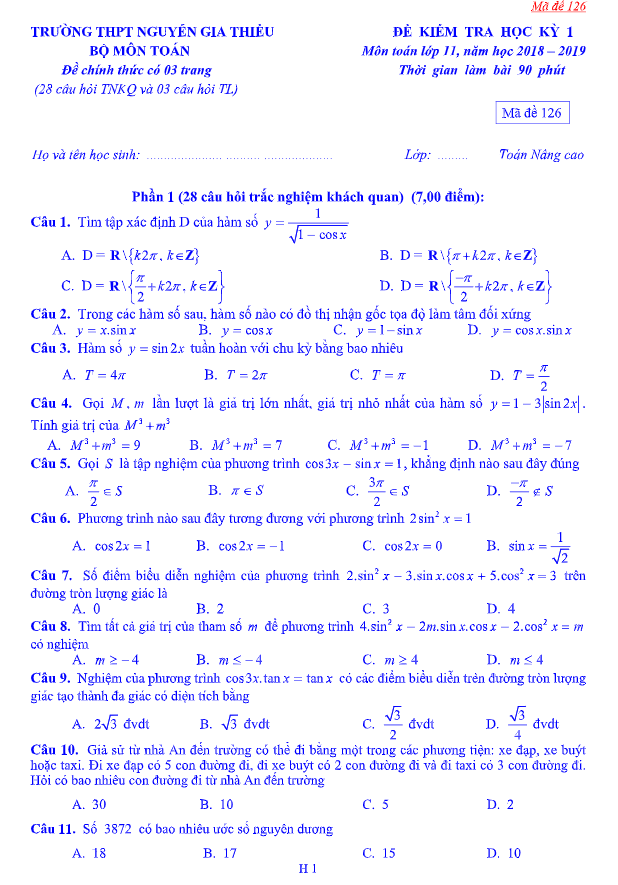 de kiem tra hoc ki 1 hk1 lop 11 mon toan nam 2018 2019 truong nguyen gia thieu ha noi d