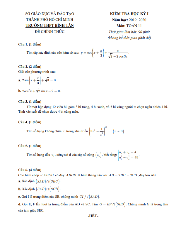 Đề kiểm tra học kì 1 (HK1) lớp 11 môn Toán năm 2019 2020 trường THPT Bình Tân TP HCM 6 de kiem tra hoc ki 1 hk1 lop 11 mon toan nam 2019 2020 truong thpt binh tan tp hcm d