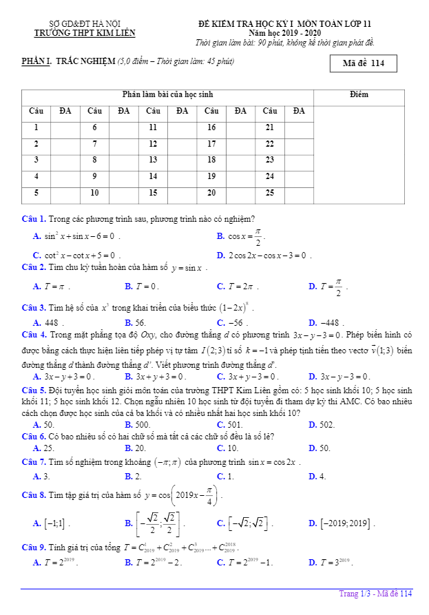 de kiem tra hoc ki 1 hk1 lop 11 mon toan nam 2019 2020 truong thpt kim lien ha noi d