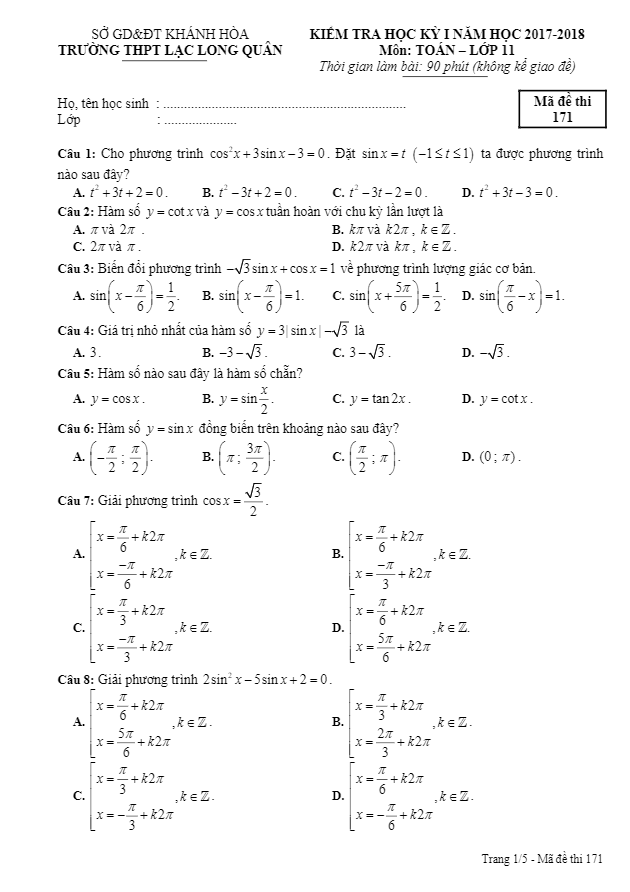 de kiem tra hoc ki 1 hk1 lop 11 mon toan nam hoc 2017 2018 truong thpt lac long quan khanh hoa d