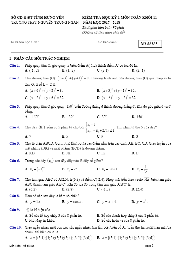 Đề kiểm tra học kì 1 (HK1) lớp 11 môn Toán năm học 2017 2018 trường THPT Nguyễn Trung Ngạn Hưng Yên 3 de kiem tra hoc ki 1 hk1 lop 11 mon toan nam hoc 2017 2018 truong thpt nguyen trung ngan hung yen d