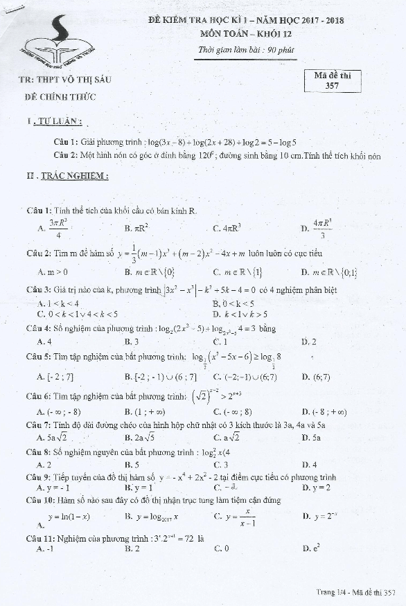 de kiem tra hoc ki 1 hk1 lop 12 mon toan nam 2017 2018 truong thpt vo thi sau tp hcm d