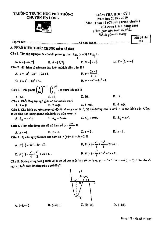 Đề kiểm tra học kì 1 (HK1) lớp 12 môn Toán năm 2018 2019 trường chuyên Hạ Long Quảng Ninh 1 de kiem tra hoc ki 1 hk1 lop 12 mon toan nam 2018 2019 truong chuyen ha long quang ninh d