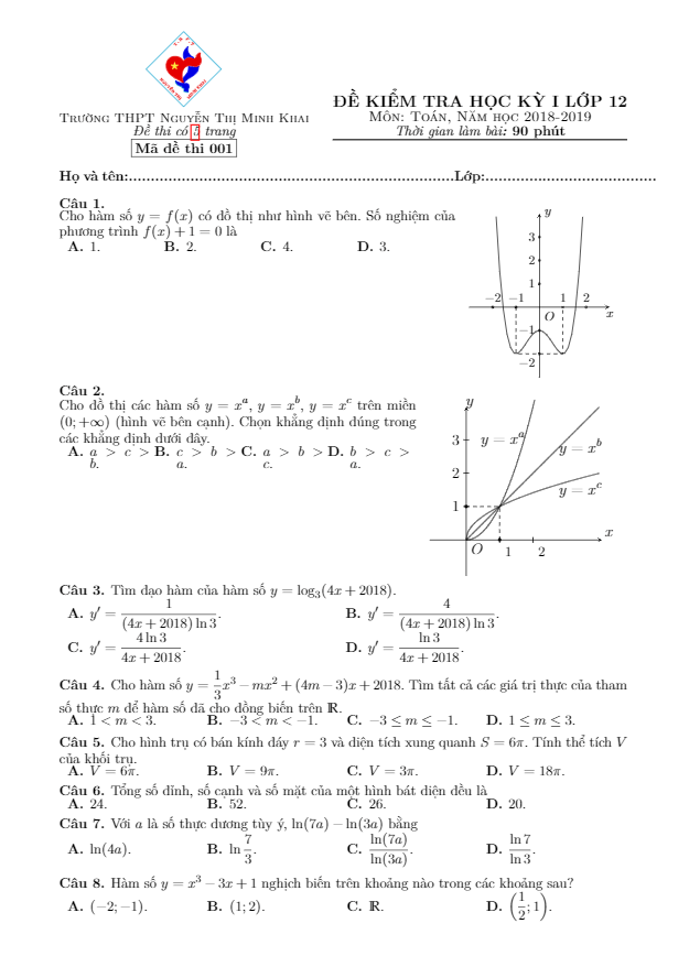 Đề kiểm tra học kì 1 (HK1) lớp 12 môn Toán năm 2018 2019 trường Nguyễn Thị Minh Khai Hà Nội 5 de kiem tra hoc ki 1 hk1 lop 12 mon toan nam 2018 2019 truong nguyen thi minh khai ha noi d