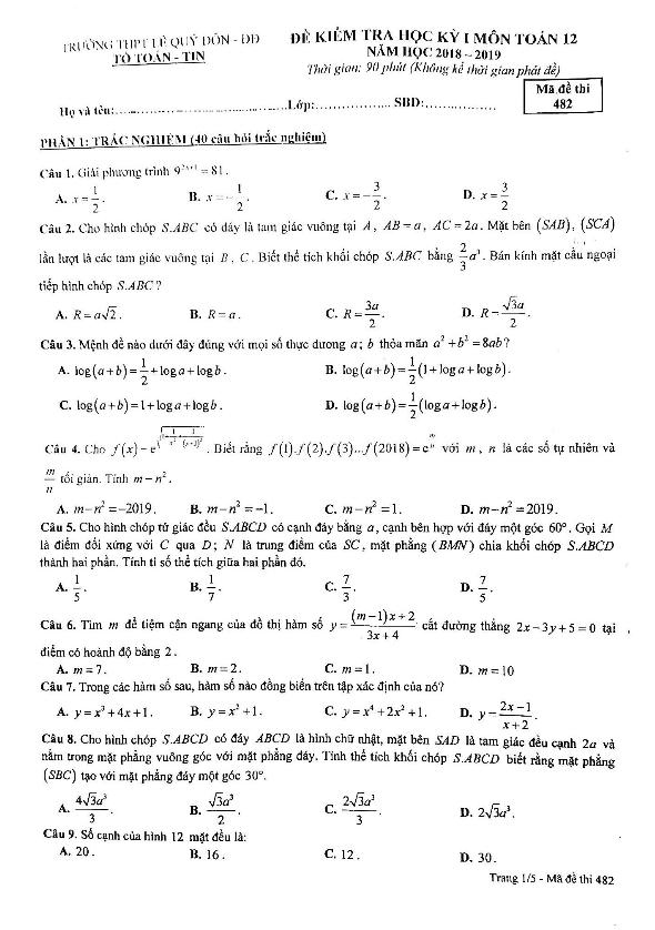 de kiem tra hoc ki 1 hk1 lop 12 mon toan nam 2018 2019 truong thpt le quy don ha noi d
