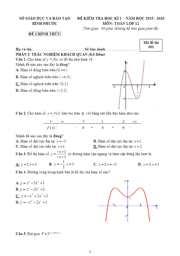 Đề kiểm tra học kì 1 (HK1) lớp 12 môn Toán năm 2019 2020 sở GD ĐT Bình Phước 5 de kiem tra hoc ki 1 hk1 lop 12 mon toan nam 2019 2020 so gd dt binh phuoc d
