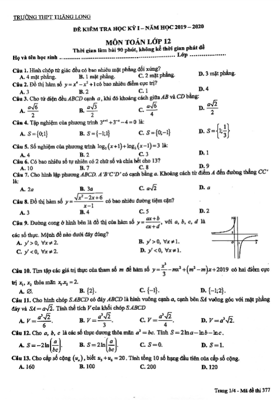de kiem tra hoc ki 1 hk1 lop 12 mon toan nam 2019 2020 truong thang long ha noi d