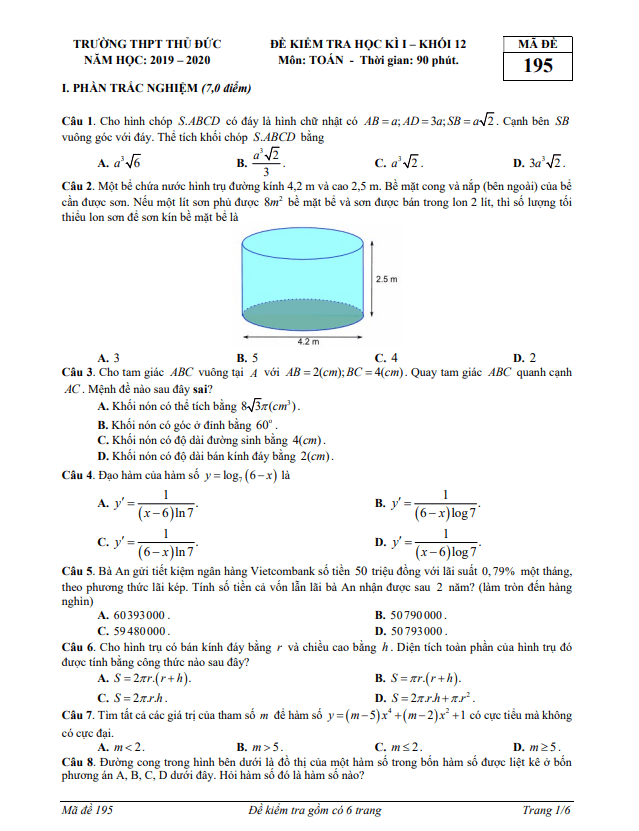 de kiem tra hoc ki 1 hk1 lop 12 mon toan nam 2019 2020 truong thpt thu duc tp hcm d