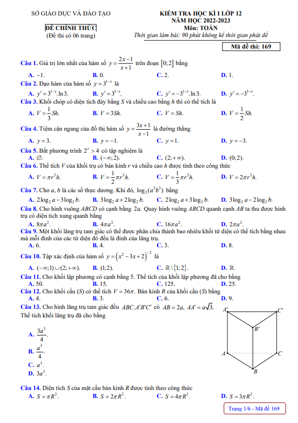 de kiem tra hoc ki 1 hk1 lop 12 mon toan nam 2022 2023 so gd dt dak nong d