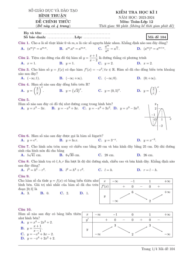 Đề kiểm tra học kì 1 (HK1) lớp 12 môn Toán năm 2023 2024 sở GD ĐT Bình Thuận 8 de kiem tra hoc ki 1 hk1 lop 12 mon toan nam 2023 2024 so gd dt binh thuan d