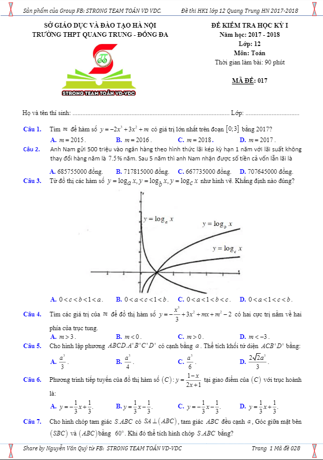Đề kiểm tra học kì 1 (HK1) lớp 12 môn Toán năm học 2017 2018 trường THPT Quang Trung Hà Nội 6 de kiem tra hoc ki 1 hk1 lop 12 mon toan nam hoc 2017 2018 truong thpt quang trung ha noi d