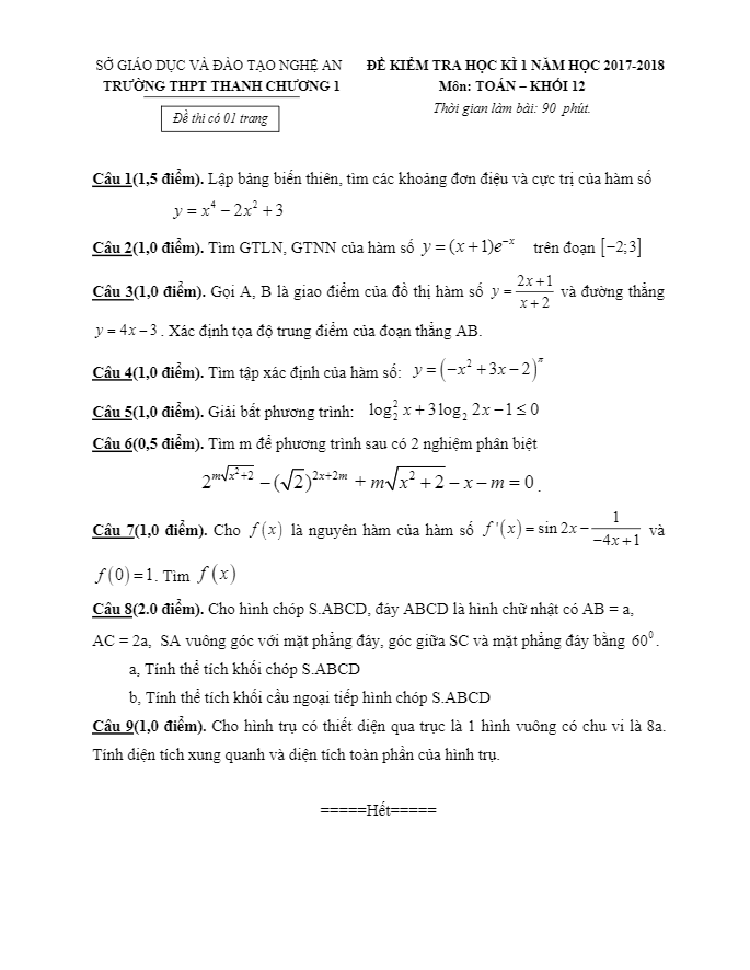 de kiem tra hoc ki 1 hk1 lop 12 mon toan nam hoc 2017 2018 truong thpt thanh chuong 1 nghe an d