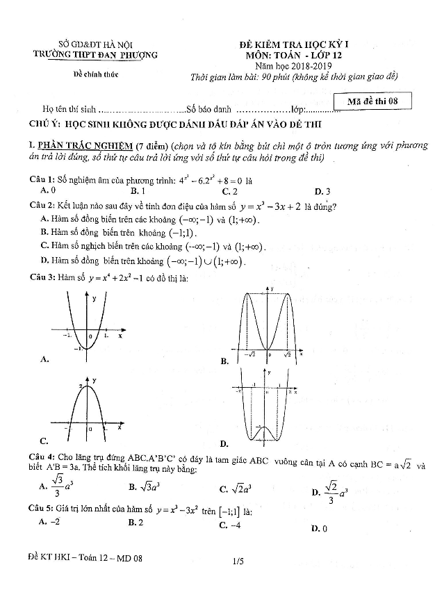 de kiem tra hoc ki 1 hk1 lop 12 mon toan nam hoc 2018 2019 truong thpt dan phuong ha noi d
