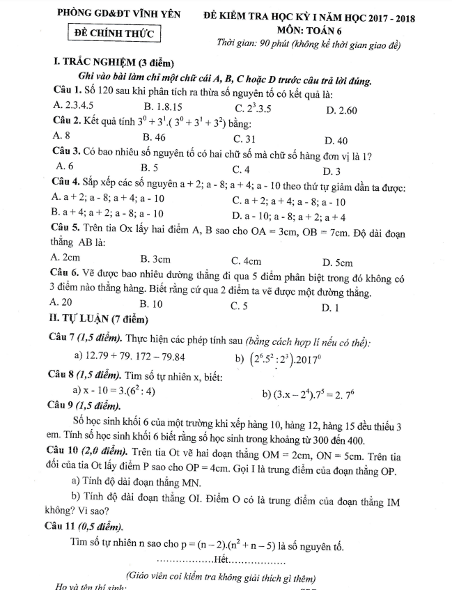 de kiem tra hoc ki 1 hk1 lop 6 mon toan nam 2017 2018 phong gd dt vinh yen vinh phuc d