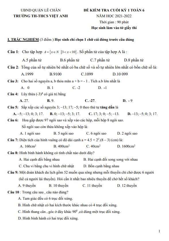 de kiem tra hoc ki 1 hk1 lop 6 mon toan nam 2021 2022 truong th thcs viet anh hai phong d