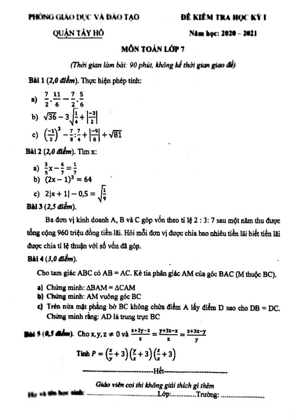 Đề kiểm tra học kì 1 (HK1) lớp 7 môn Toán năm 2020 2021 phòng GD ĐT Tây Hồ Hà Nội 1 de kiem tra hoc ki 1 hk1 lop 7 mon toan nam 2020 2021 phong gd dt tay ho ha noi d