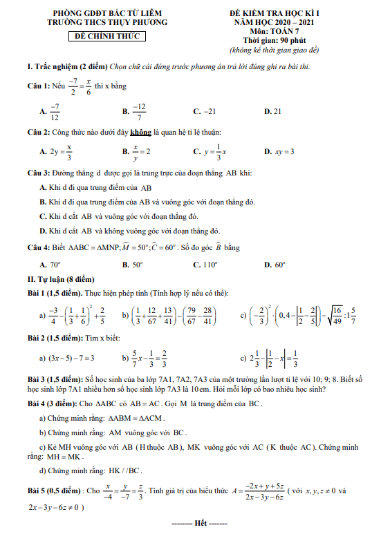 de kiem tra hoc ki 1 hk1 lop 7 mon toan nam 2020 2021 truong thcs thuy phuong ha noi d