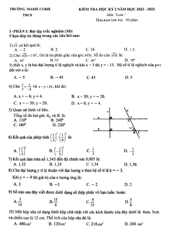 de kiem tra hoc ki 1 hk1 lop 7 mon toan nam 2022 2023 truong marie curie ha noi d