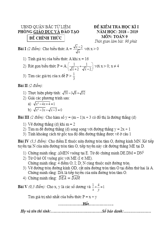 de kiem tra hoc ki 1 hk1 lop 9 mon toan nam 2018 2019 phong gd va dt bac tu liem ha noi d