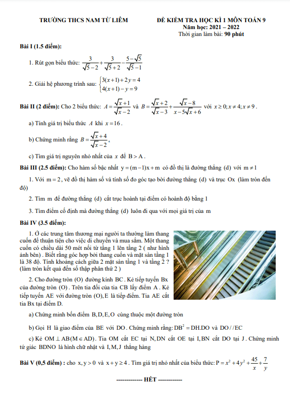 de kiem tra hoc ki 1 hk1 lop 9 mon toan nam 2021 2022 truong thcs nam tu liem ha noi d