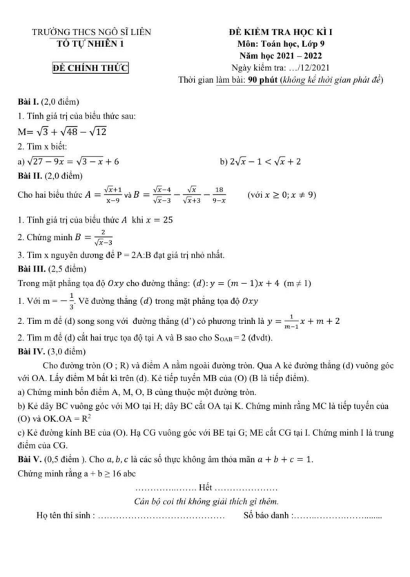 Đề kiểm tra học kì 1 (HK1) lớp 9 môn Toán năm 2021 2022 trường THCS Ngô Sĩ Liên Hà Nội 6 de kiem tra hoc ki 1 hk1 lop 9 mon toan nam 2021 2022 truong thcs ngo si lien ha noi d