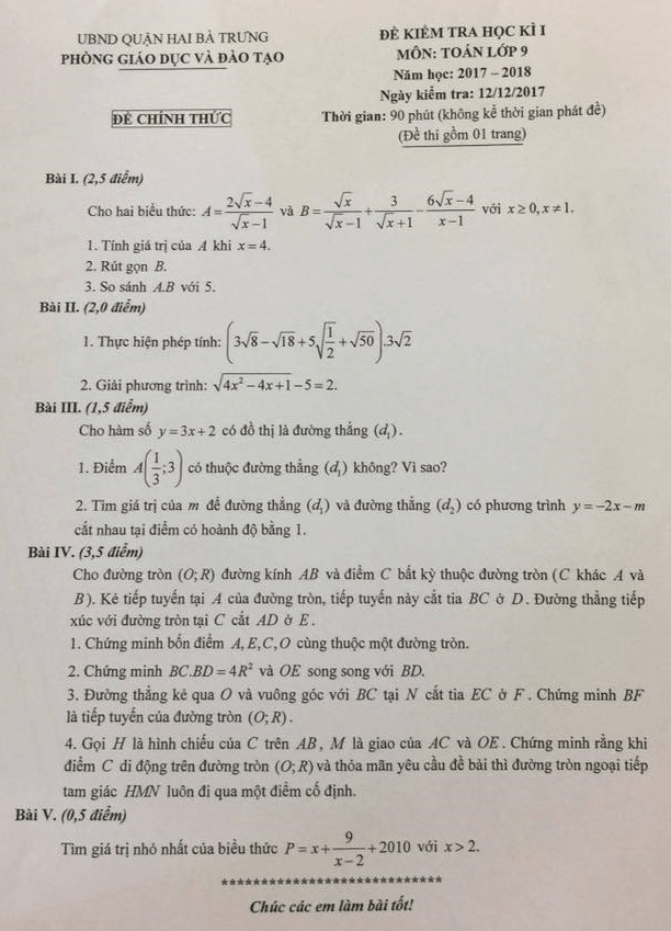 de kiem tra hoc ki 1 hk1 lop 9 mon toan nam hoc 2017 2018 phong gd va dt hai ba trung ha noi d