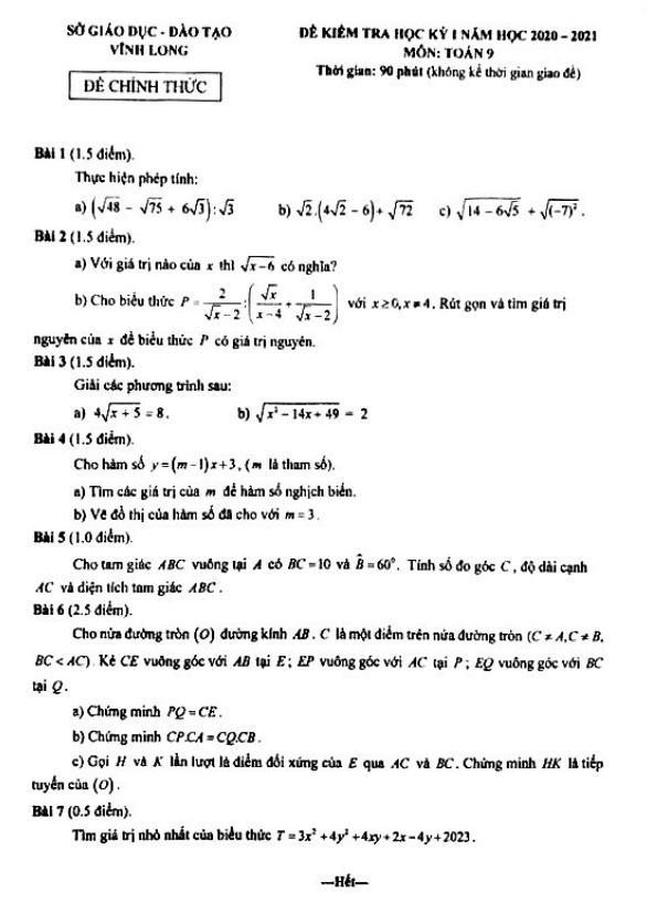 de kiem tra hoc ki 1 hk1 lop 9 mon toan nam hoc 2020 2021 so gd dt vinh long d