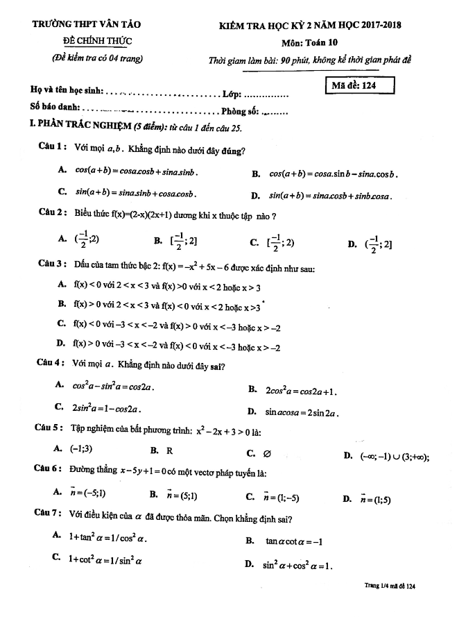 de kiem tra hoc ki 2 hk2 lop 10 mon toan nam 2017 2018 truong thpt van tao ha noi d