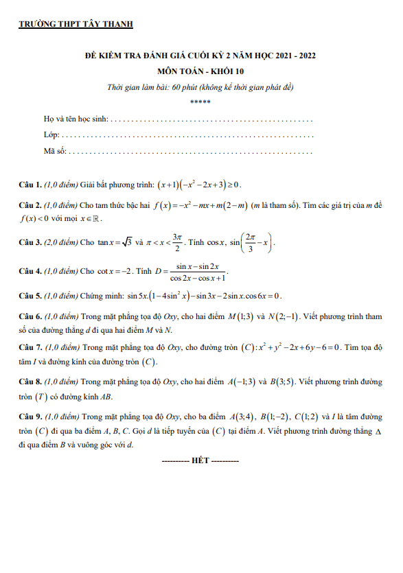 de kiem tra hoc ki 2 hk2 lop 10 mon toan nam 2021 2022 truong thpt tay thanh tp hcm d