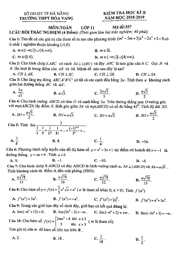 de kiem tra hoc ki 2 hk2 lop 11 mon toan nam 2018 2019 truong hoa vang da nang d