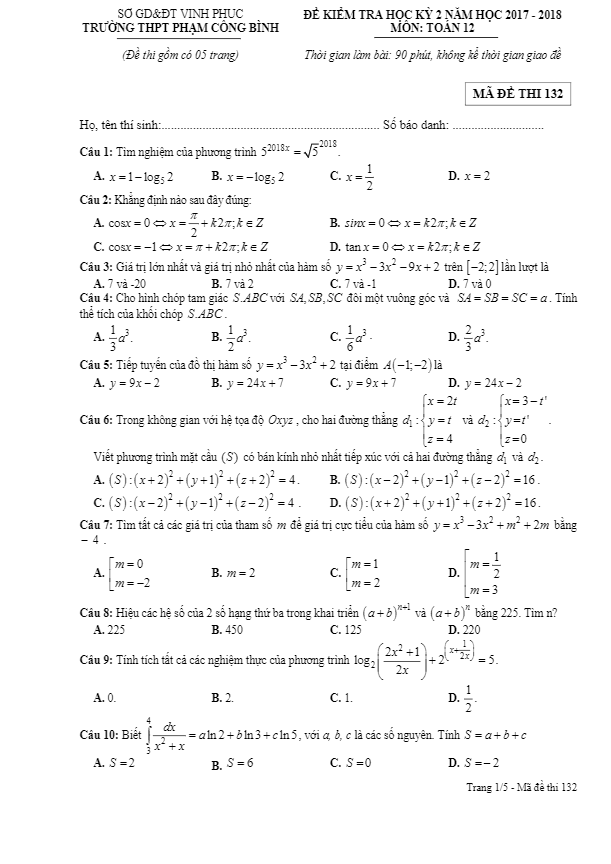 de kiem tra hoc ki 2 hk2 lop 12 mon toan nam 2017 2018 truong pham cong binh vinh phuc d