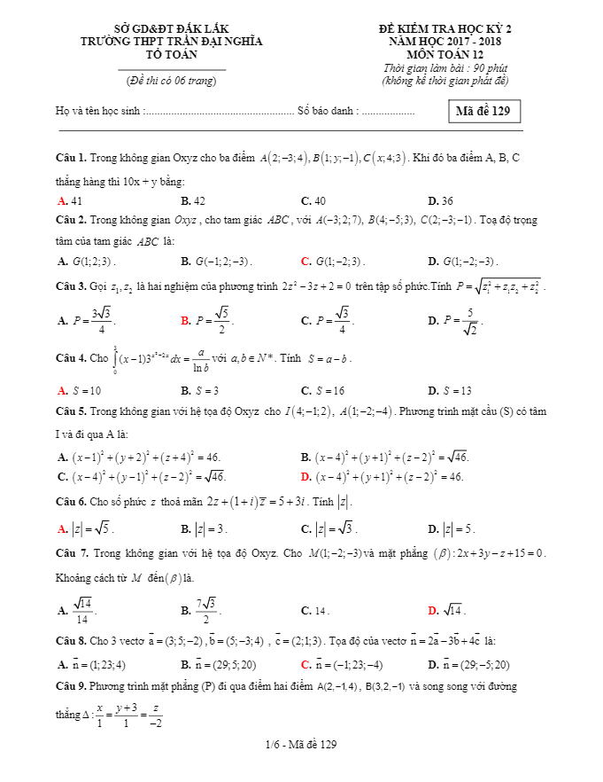 de kiem tra hoc ki 2 hk2 lop 12 mon toan nam 2017 2018 truong tran dai nghia dak lak d
