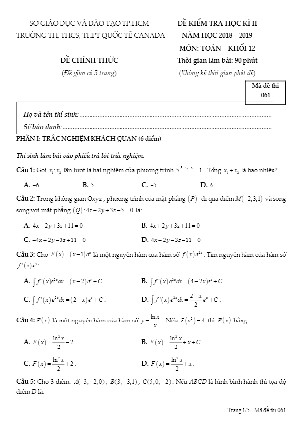 Đề kiểm tra học kì 2 (HK2) lớp 12 môn Toán năm 2018 2019 trường Quốc tế Canada TP HCM 3 de kiem tra hoc ki 2 hk2 lop 12 mon toan nam 2018 2019 truong quoc te canada tp hcm d