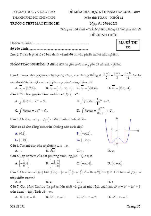 de kiem tra hoc ki 2 hk2 lop 12 mon toan nam 2018 2019 truong thpt mac dinh chi tp hcm d