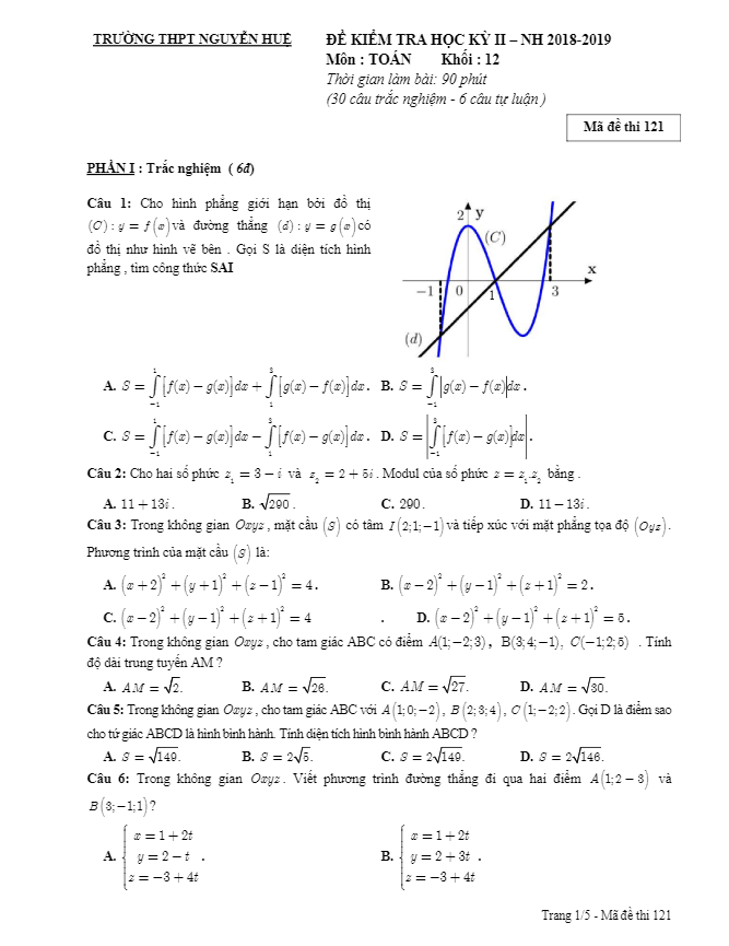 de kiem tra hoc ki 2 hk2 lop 12 mon toan nam 2018 2019 truong thpt nguyen hue tp hcm d