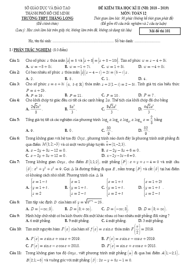 de kiem tra hoc ki 2 hk2 lop 12 mon toan nam 2018 2019 truong thpt thang long tp hcm d